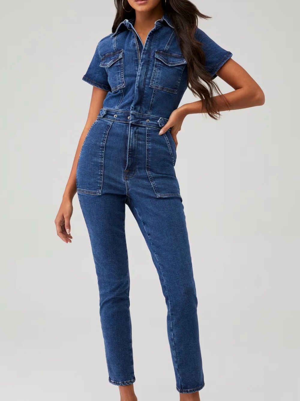 Good American Indigo Fit For Success Short-Sleeve Denim Jumpsuit